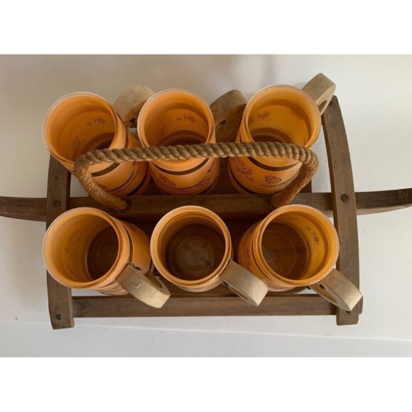Siesta Ware Vintage Peach Glasses Set of 6 With Canoe Outrigger Carrier Wooden T - Picture 5 of 6